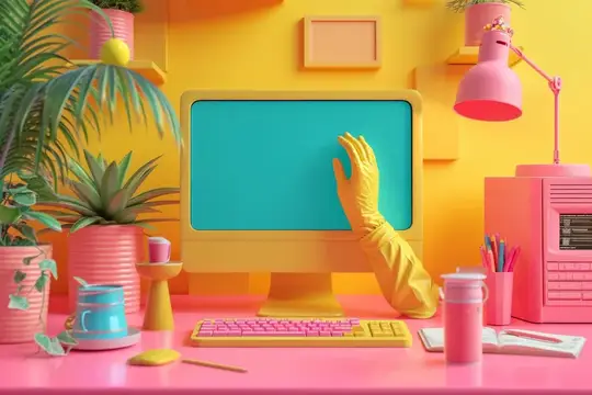 3D-рендер рабочего стола с желтым монитором и рукой в перчатке