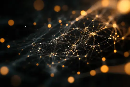 3D-рендер светящейся сети из золотых точек и линий на тёмном фоне