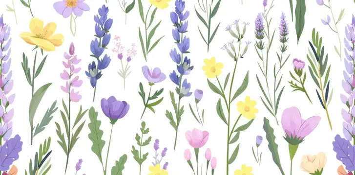 Иллюстрация с полевыми цветами и травами на белом фоне