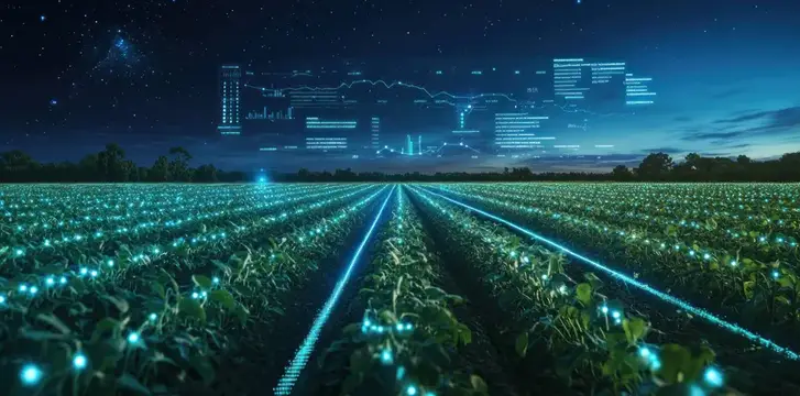 3D-рендер ночного поля с светящимися цифровыми данными