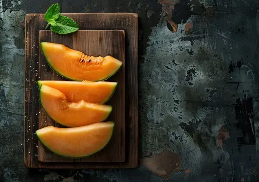 Ломтики спелой дыни с мятой на деревянной доске