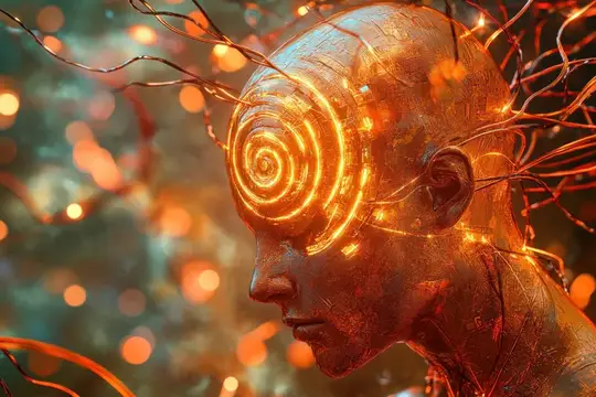 3D-рендер футуристической головы с glowing спиралью вместо глаза