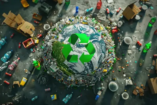 3D-рендер планеты Земля в окружении мусора и знака переработки