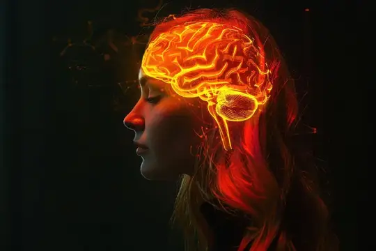 Силуэт женщины в профиль с подсвеченным мозгом, символизирующий мысль и инновации на фоне драматичного темного фона