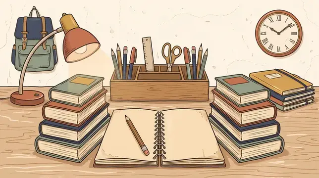 Иллюстрация рабочего стола школьника с учебниками и открытым блокнотом