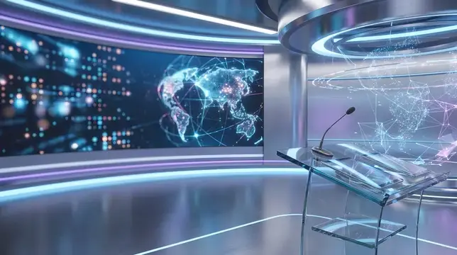 Футуристическая телестудия с голографической картой мира на экране