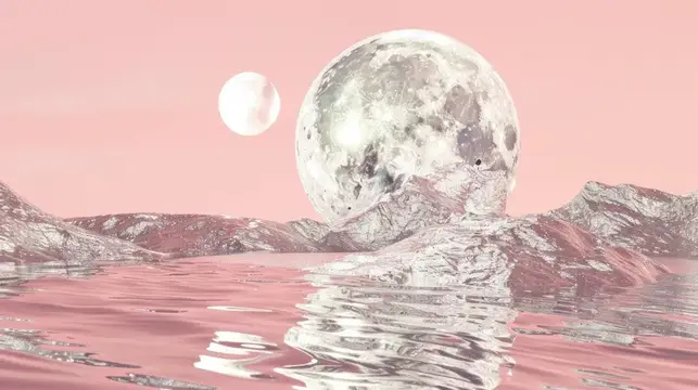 3D-рендер фантастического пейзажа с лунами над розовой водой