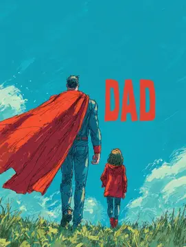Иллюстрация: супергерой в плаще и девочка смотрят на небо с надписью DAD