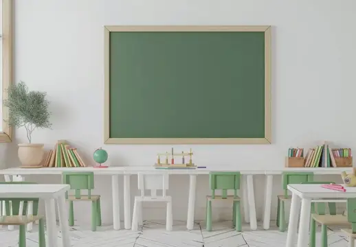 Светлый класс с зелёной доской, партами и книгами