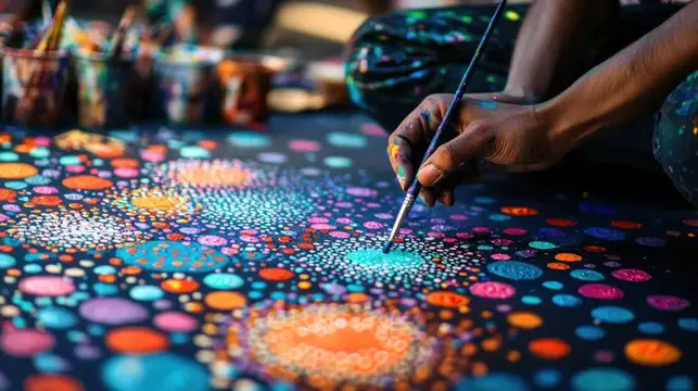 Художник рисует разноцветные точки на тёмном холсте