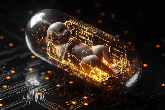 3D-рендер плода в светящейся кибернетической капсуле на микросхеме