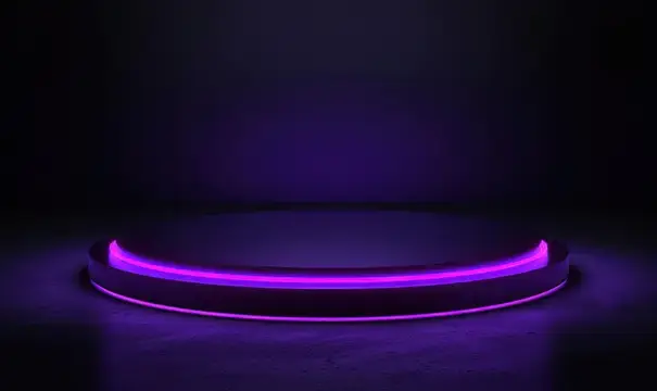 3D-рендер пустой круглой сцены с неоновой фиолетовой подсветкой