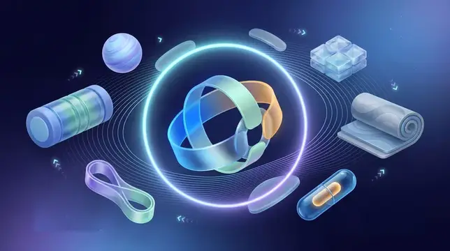 Премиальная градиентная сцена оздоровления с абстрактными инструментами восстановления, защитным ореолом, пенным валиком, эспандером и пакетом со льдом для тем профилактики травм