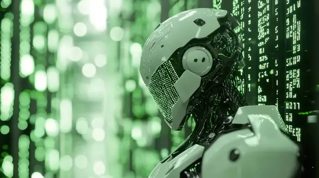 3D-рендер робота в белой броне на фоне зелёных цифровых огней