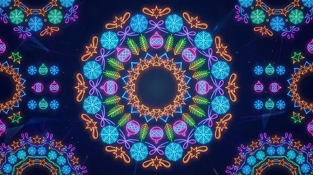 Неоновый новогодний узор с ёлочными игрушками и снежинками