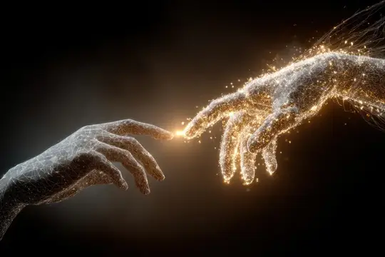 3D-рендер двух тянущихся друг к другу рук из светящихся частиц