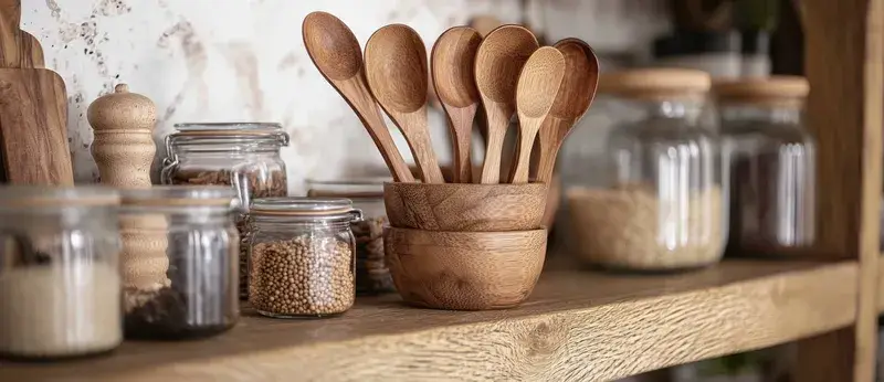 Запечатлейте суть деревенской домашней кухни с деревянными ложками и банками для специй на фактурной полке