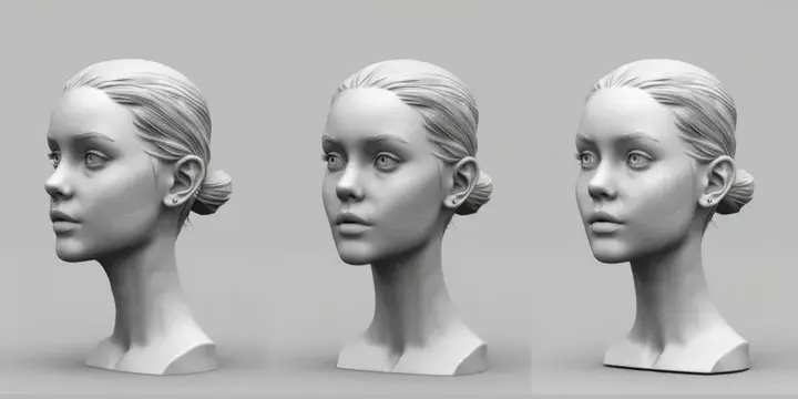 Тонко детализированная 3D-модель женской головы, показанная с трех разных ракурсов, подчеркивающая ее реалистичные качества и художественный дизайн