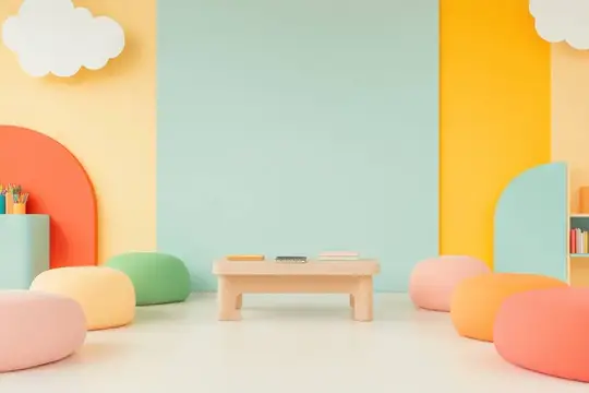 3D-рендер яркой детской игровой комнаты с мягкими пуфами и столиком