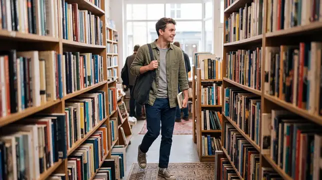 Улыбающийся мужчина с сумкой идёт между стеллажами книжного магазина