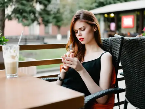 Рыжеволосая девушка со смартфоном сидит за столиком летнего кафе