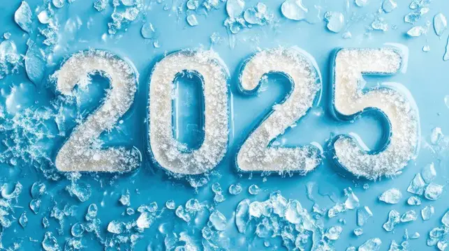 Ледяные цифры 2025 на голубом фоне с кристаллами
