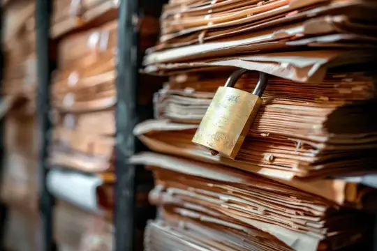 Старые папки с документами на полке, закрытые навесным замком