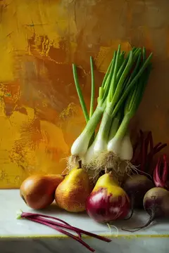 Натюрморт с зелёным луком, грушами и свёклой на жёлтом фоне