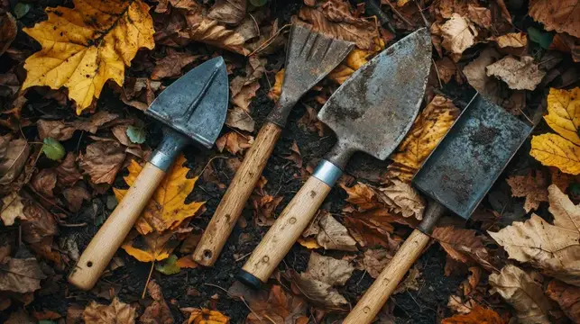 Садовые инструменты лежат на осенних листьях