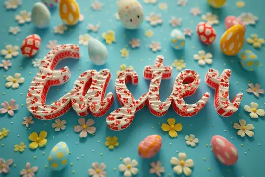 3D-надпись Easter с пасхальными яйцами и цветами на голубом фоне