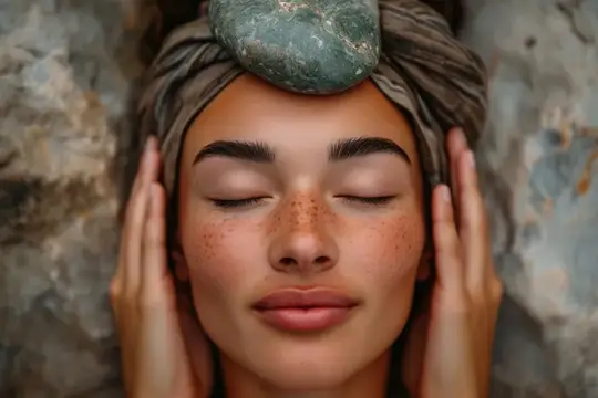 Молодая женщина с веснушками расслабляется во время спа-ритуала с камнем