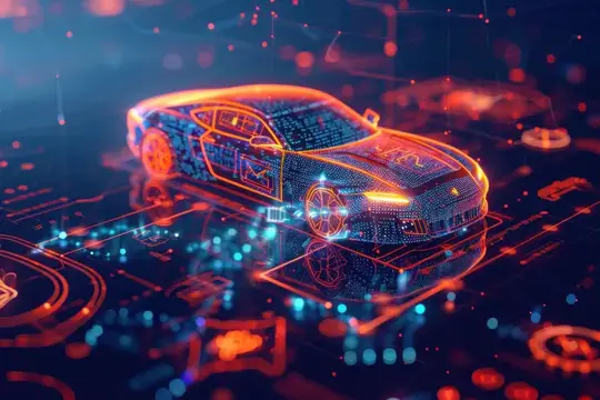3D-рендер светящегося автомобиля из цифровых частиц на фоне неоновых огней