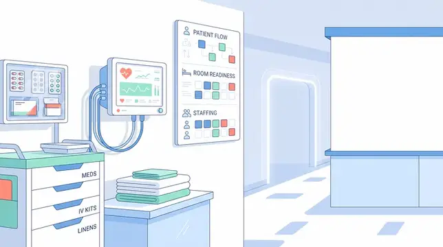 Иллюстрация медицинского поста с монитором и тележкой в светлой больнице