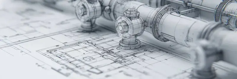 3D-рендер промышленных трубопроводов с вентилями над чертежом