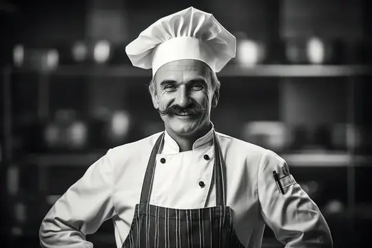 Улыбающийся пожилой повар с усами в колпаке на кухне