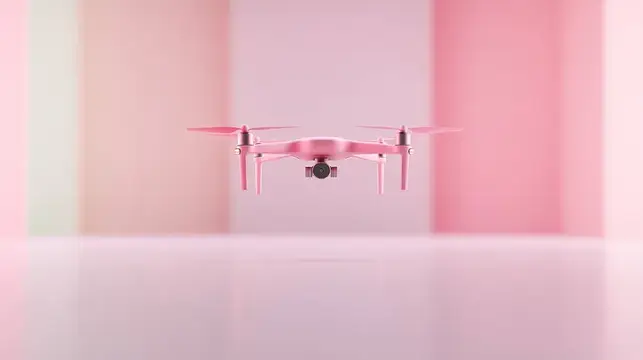 3D-рендер розового дрона в полёте на фоне пастельных стен