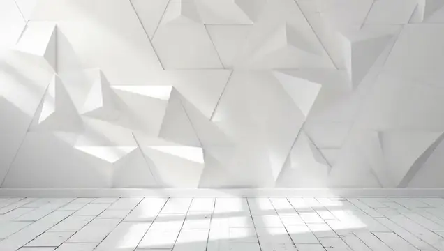 3D-рендер пустой комнаты с белой геометрической стеной и плиточным полом