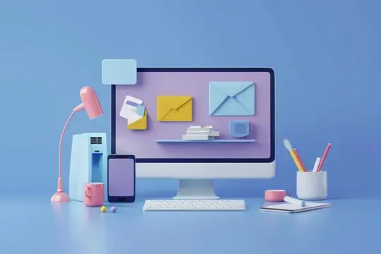 Современный офисный стол с компьютером, телефоном и различными офисными принадлежностями