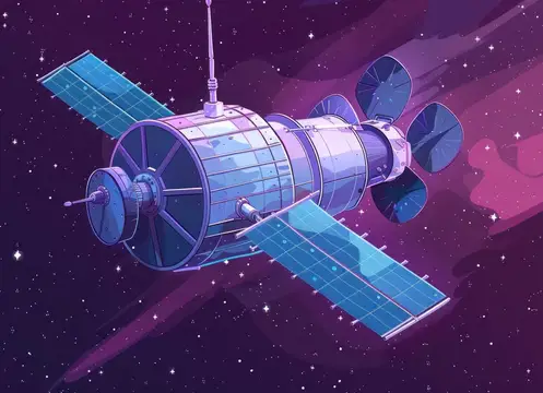 Художественное изображение космического спутника с солнечными батареями на красочном звездном небе, демонстрирующее инновации и исследования
