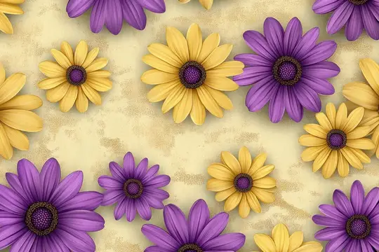 Этот потрясающий цветочный дизайн демонстрирует гармоничное сочетание желтых и фиолетовых маргариток на мягком бежевом фоне, идеально подходит для весенних проектов, приглашений и декора