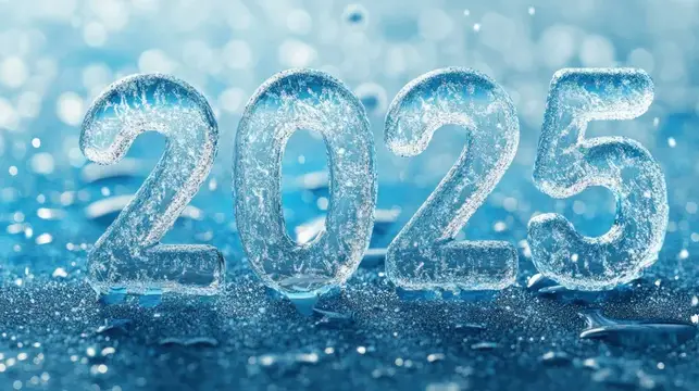 Ледяные цифры 2025 на сверкающем снегу