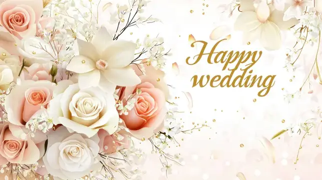 Свадебная открытка с розами и надписью Happy wedding