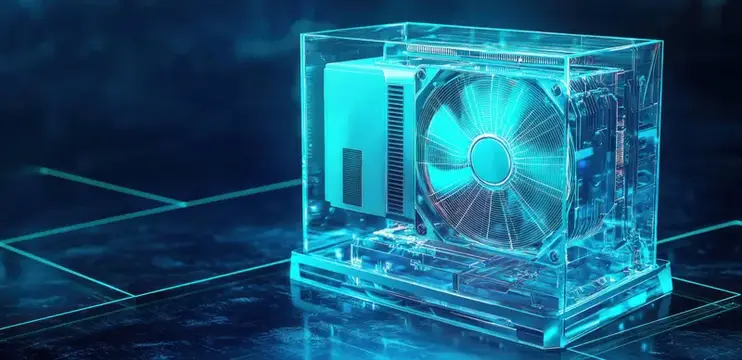 3D-рендер компьютерного кулера в прозрачном корпусе с неоновой подсветкой