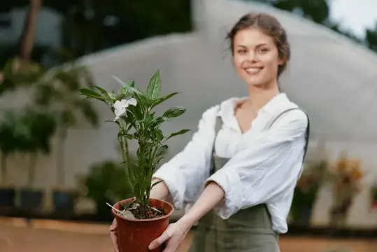 Улыбчивая девушка держит горшок с цветущим растением в теплице