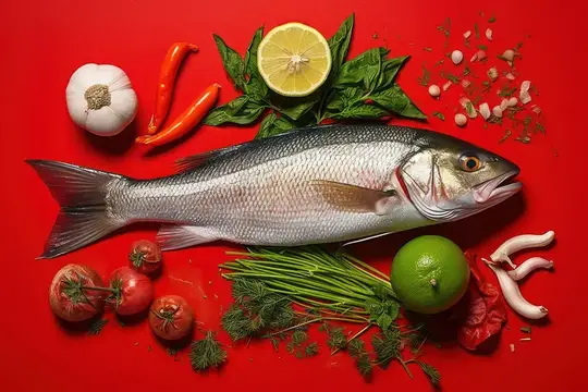 Свежая рыба с лимоном, чесноком и зеленью на красном фоне