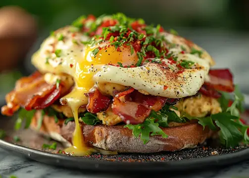 Вкусный завтрак: еда на тарелке с жареным яйцом, беконом, тостом и ветчиной