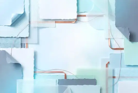 Абстрактный 3D-коллаж из голубых и белых бумажных листов с медными линиями