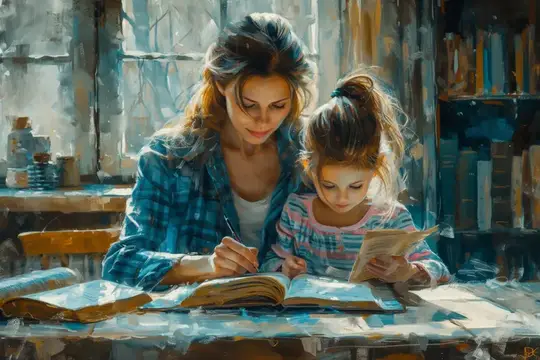 Мать и дочь проводят время вместе, читая книгу перед книжным шкафом в уютной домашней обстановке