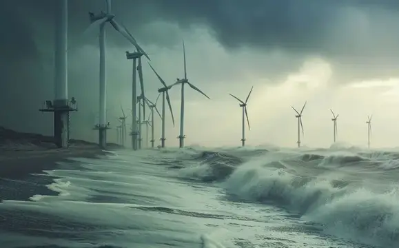 Ветряные турбины в бурном море под грозовым небом