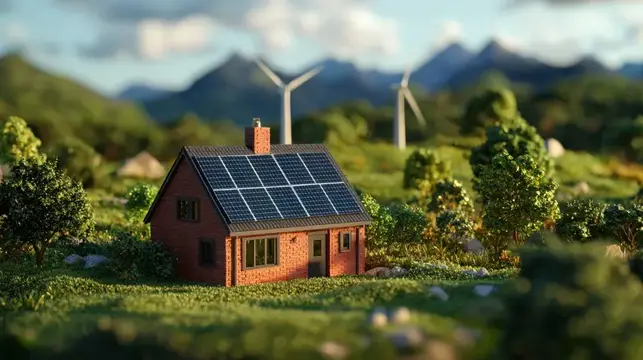 3D-рендер домика с солнечными панелями среди зелёных холмов и ветряков